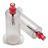 Clear medical vial adapters with red connectors for home intravenous therapy supplies