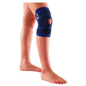 Person wearing blue knee brace for joint support and pain relief