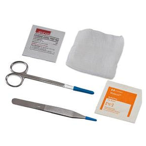 Sterile wound care kit with medical scissors, tweezers, gauze pads, alcohol prep pad, adhesive dressing.