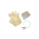 Medical latex gloves, drainage tubing, and a white container for home health care use