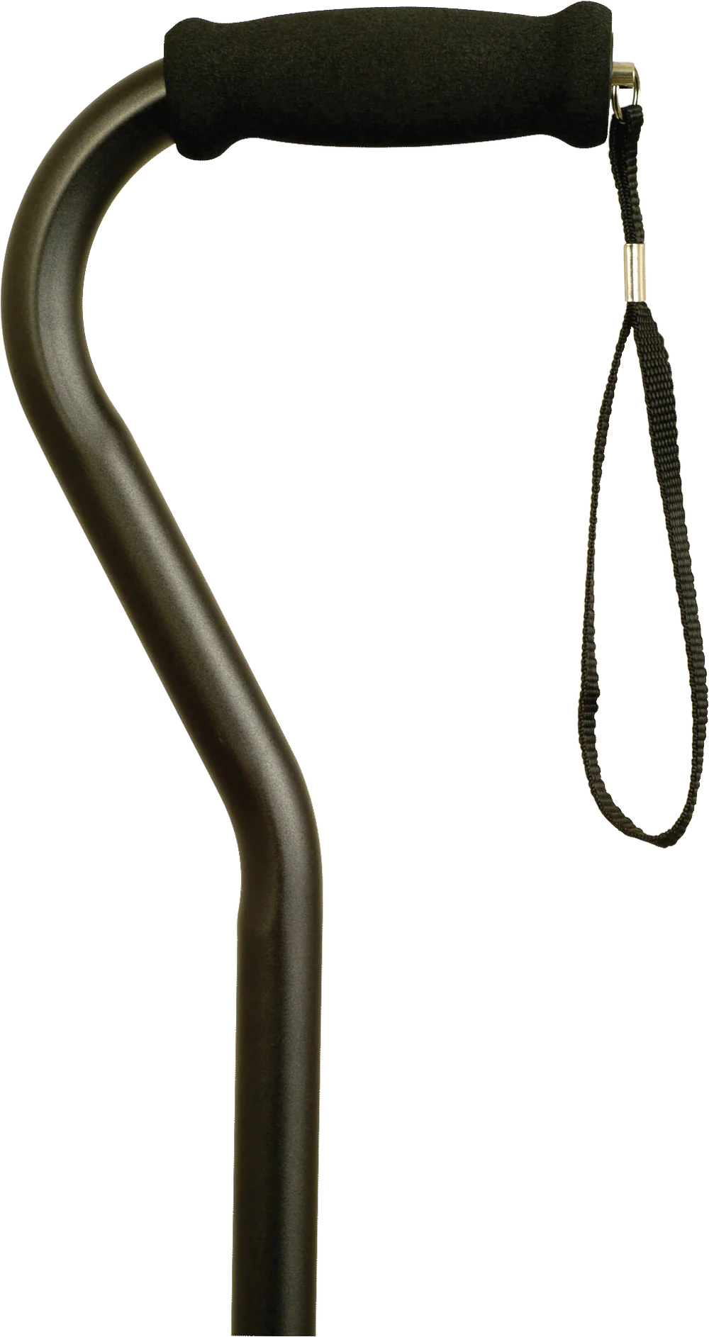 Black offset handle cane with foam grip and attached wrist strap
