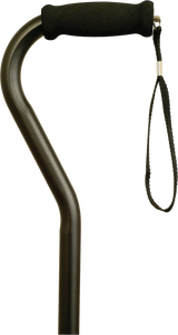 Black offset handle cane with foam grip and attached wrist strap