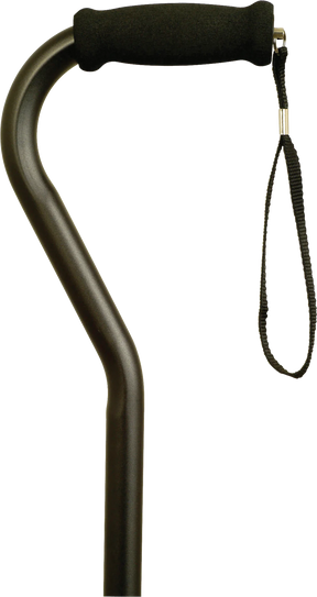 Black offset handle cane with foam grip and attached wrist strap