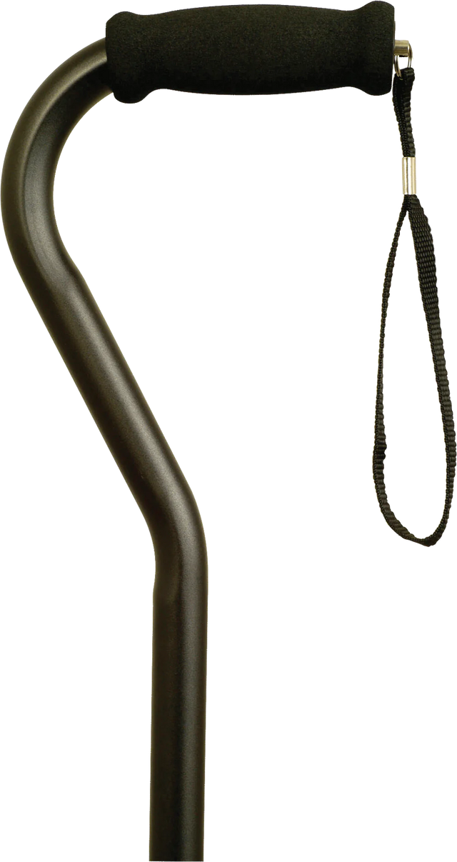 Black offset handle cane with foam grip and attached wrist strap
