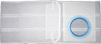 Ventilated elastic ostomy support belt with left-sided blue stoma opening