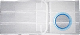Ventilated elastic ostomy support belt with left-sided blue stoma opening