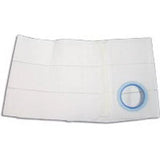 White ostomy support belt with blue-ringed stoma opening on flat surface.