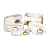 Medical support belts with stoma openings in various sizes on white background