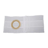 White ostomy support belt with round stoma opening and adjustable closure, laid flat.
