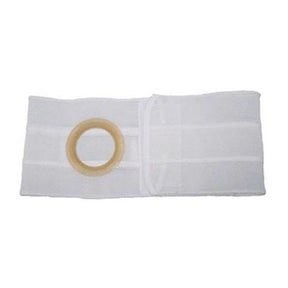 White ostomy support belt with round stoma opening and adjustable closure, laid flat.