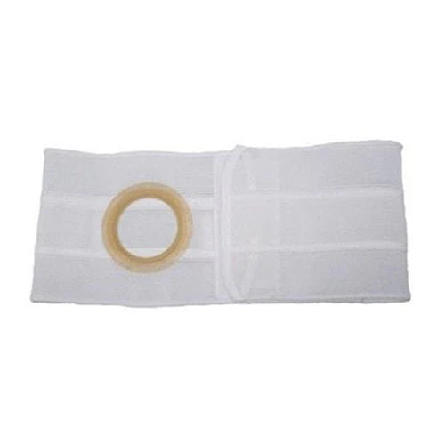 White ostomy support belt with round stoma opening and adjustable closure, laid flat.