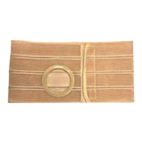 Beige ostomy support belt with center stoma opening, wide elastic band, medical accessory