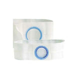 Beige medical support belt with flat panel and round stoma opening, shown on white background