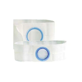 Beige medical support belt with flat panel and round stoma opening, shown on white background
