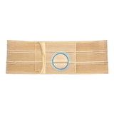 Beige flat panel support belt with circular stoma opening, medical supply.