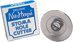Stoma hole cutter tool with sharp round steel blade and boxed packaging for medical use
