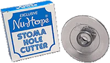 Stoma hole cutter tool with sharp round steel blade and boxed packaging for medical use