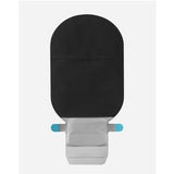 Black medical ostomy pouch with closure tabs on white background