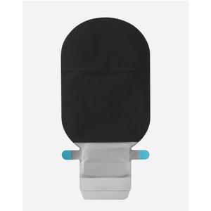 Black medical ostomy pouch with closure tabs on white background