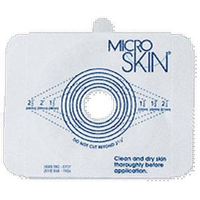 Microskin ostomy barrier with circular cut-to-fit guide for stoma care and adhesive application