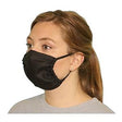 Woman wearing a black reusable cloth face mask for medical protection