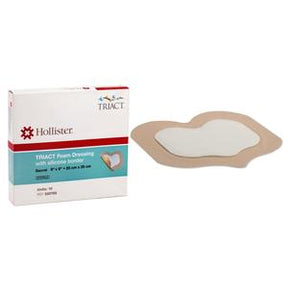 Hollister foam dressing with silicone border for wound care, shown with product box