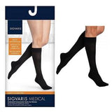 Black medical compression socks for women, knee-high, shown on legs and in retail packaging