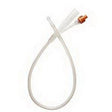 Clear medical catheter tube with orange connector on a white background