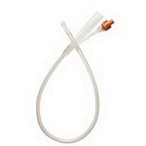Clear medical catheter tube with orange connector on a white background