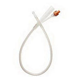 Clear medical catheter tube with orange connector on a white background