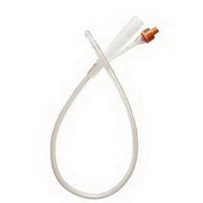 Clear medical catheter tube with orange connector on a white background