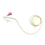 Medical nasogastric feeding tube with pink connector and coiled yellow tubing on white background