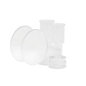 Clear plastic breast pump parts kit for home medical supplies on white background