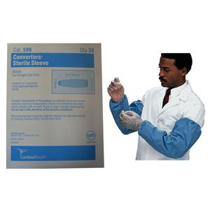 Medical professional wearing blue sterile sleeves and gloves next to sterile sleeve packaging