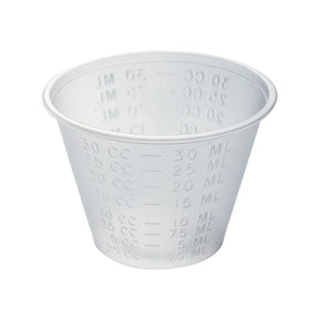Plastic 1 oz medicine cup with clear measurement markings in ml and cc