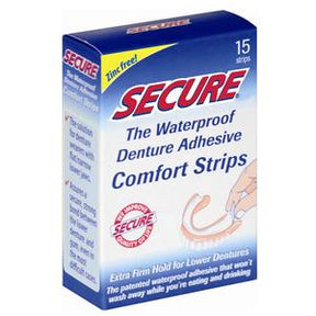 Box of Secure waterproof denture adhesive comfort strips, 15 strips, zinc-free.