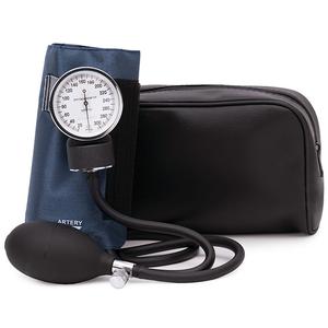 Manual blood pressure monitor with cuff, pump, and black zippered carrying case