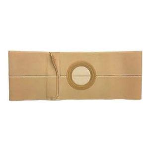 Beige ostomy abdominal support belt with central circular opening, medical supply product.
