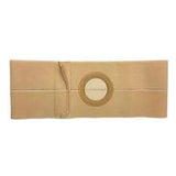 Beige ostomy abdominal support belt with central circular opening, medical supply product.