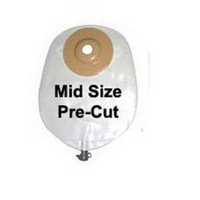 Mid size pre-cut ostomy pouch with beige adhesive barrier, for medical supply needs