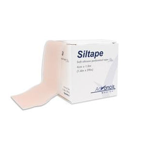 Silicone medical tape roll next to its box, soft perforated wound care tape