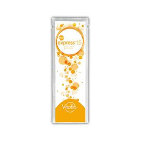 Vitaflo express 15 plus medical nutrition sachet with orange bubble design on white background