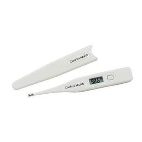 Digital medical thermometer with protective case, displaying temperature reading