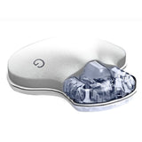 Compact white and clear glucose sensor with adhesive pad, designed for diabetes management