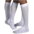 White knee-high compression socks on legs, medical support hosiery for circulation