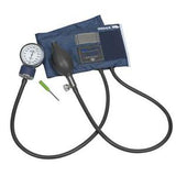 Manual blood pressure monitor with cuff, gauge, and inflation bulb on white background