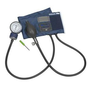 Manual blood pressure monitor with cuff, gauge, and inflation bulb on white background