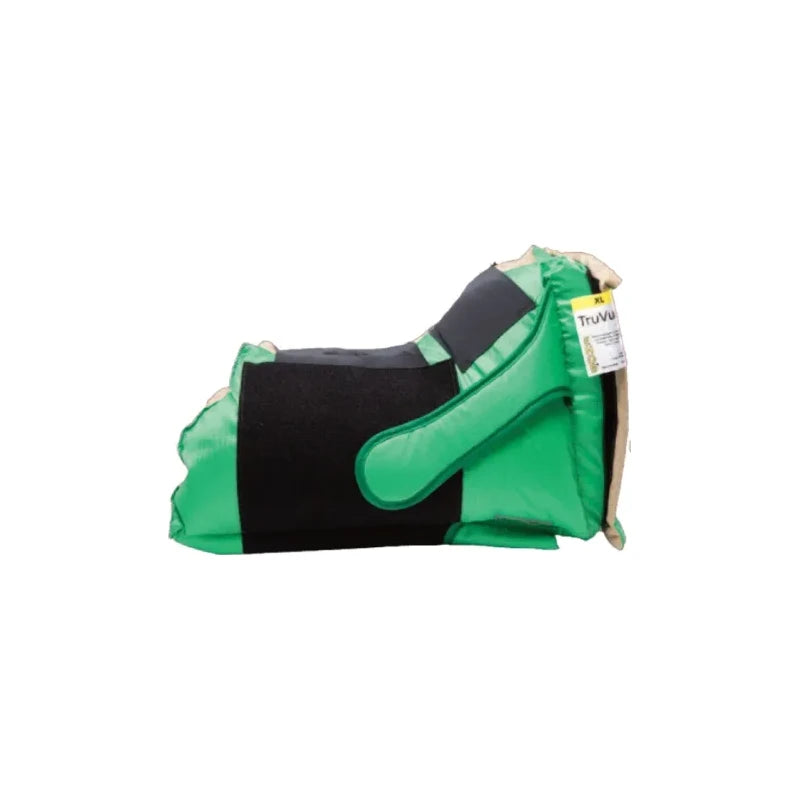 Green and black medical foot support boot with adjustable straps for pressure relief