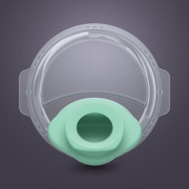 Clear silicone breast pump spout and valve with mint green center on gray background