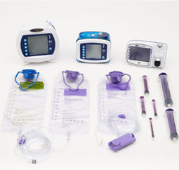 Enteral feeding pumps, fluid bags, and syringes for home medical nutrition care